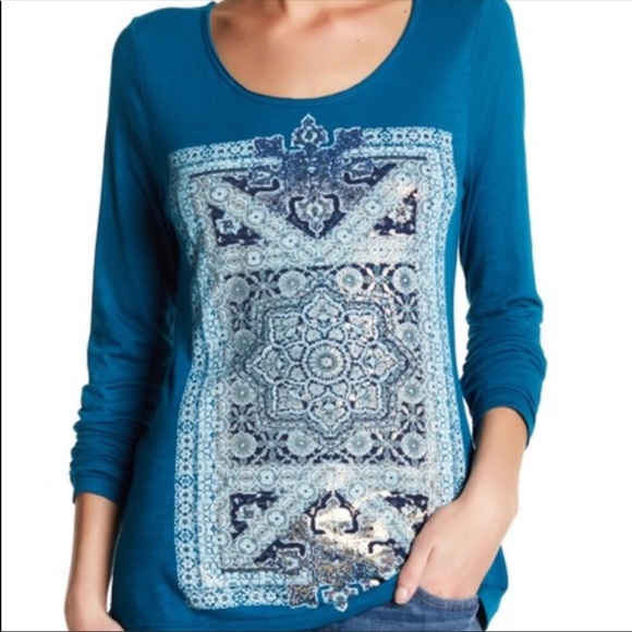 Lucky Brand Intricate Persian Rug yoga teal top - Picture 2 of 8